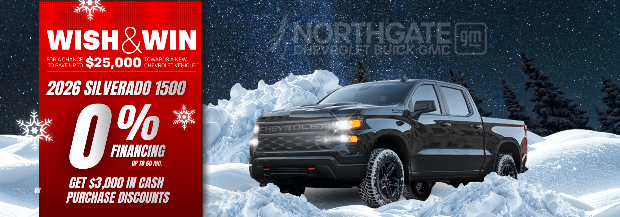 Promotion for the 2026 Silverado 1500 with 0% financing and WIN $25,000.