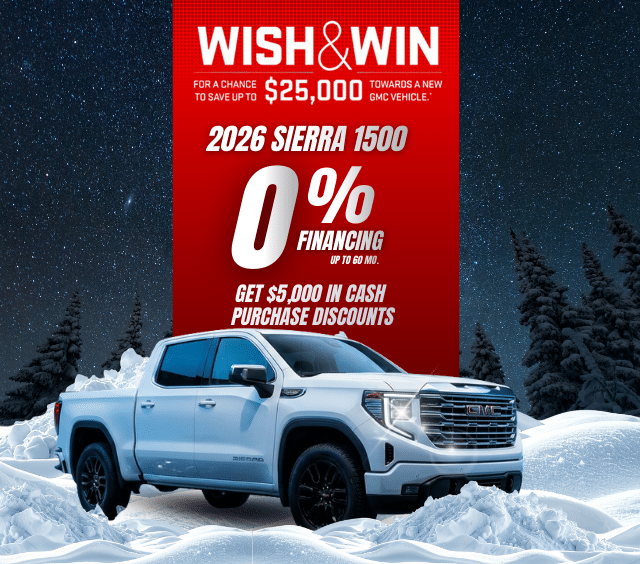 2026 Sierra 1500 offer: 0% financing for 60 months. $5,000 purchase discounts. Win up to $25,000.