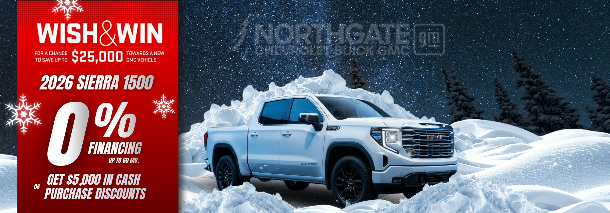 2026 Sierra 1500 in snow with offer: 0% financing for 60 months, $5,000 cash discount opportunity.