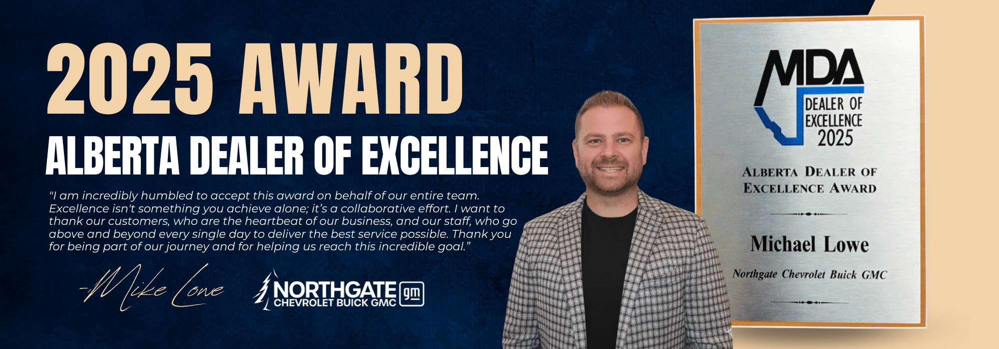 2025 Alberta Dealer of Excellence Award, featuring Michael Lowe and Northgate Chevrolet Buick GMC.