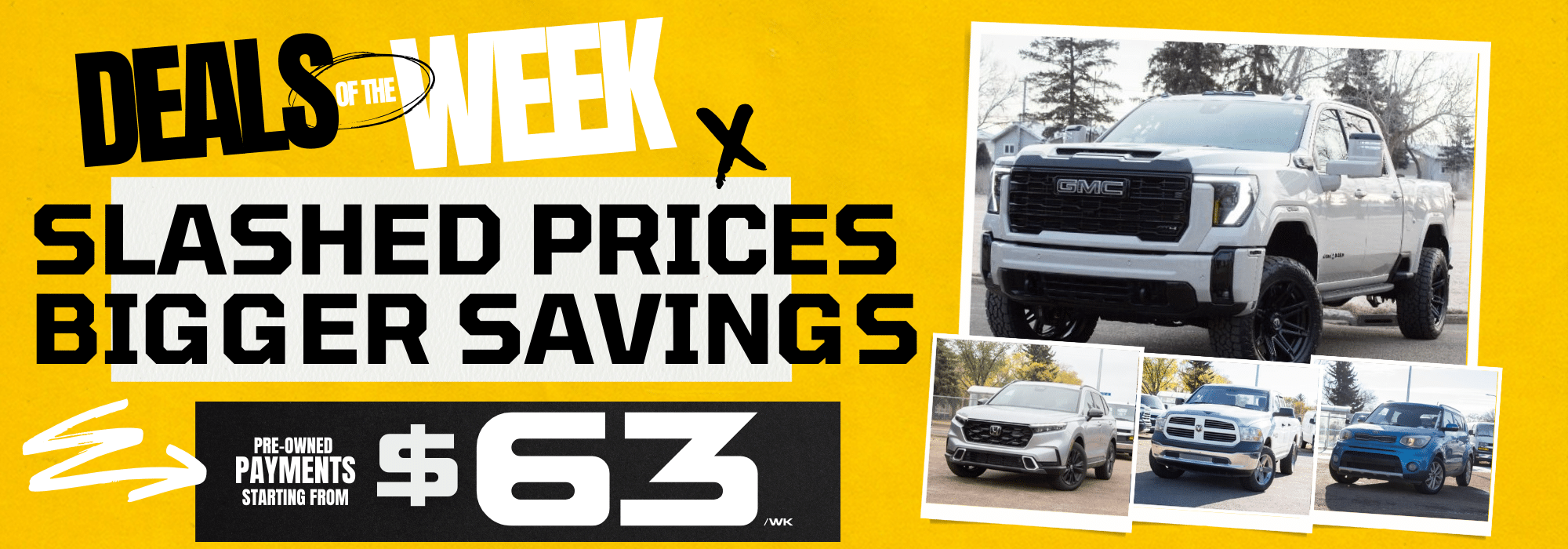 "Deals of the Week" promo with discounted car payments from $63, featuring various vehicle photos.