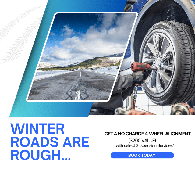 Winter road with snowy scenery; car tire being aligned. Text: "Winter roads are rough...". Offer for a free 4-wheel alignment.