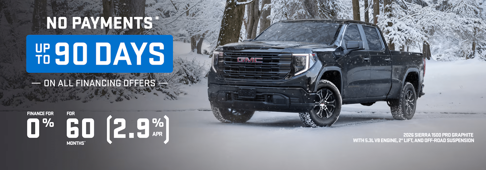 2024 GMC Sierra 1500 Pro Graphite in snowy forest, offers zero payments for 90 days on financing.