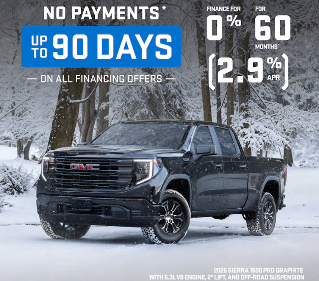 GMC Sierra 1500 Pro in a snowy forest, offers no payments for 90 days and 0% financing.