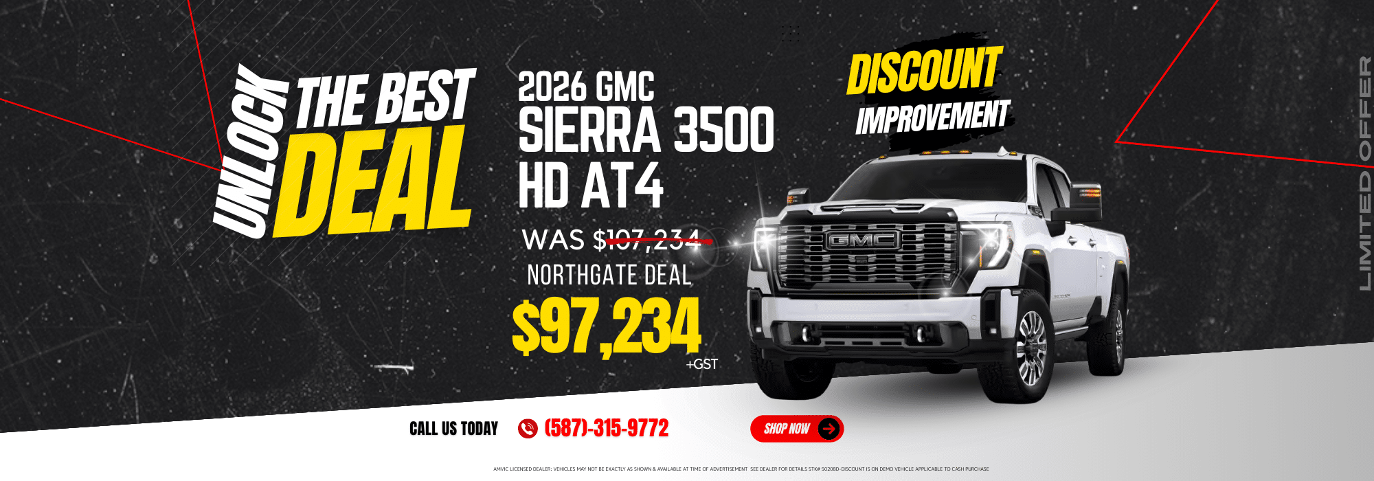 2024 GMC Sierra 3500 HD AT4 deal at $97,234. Contact 587-315-9772. Limited offer, call to purchase.