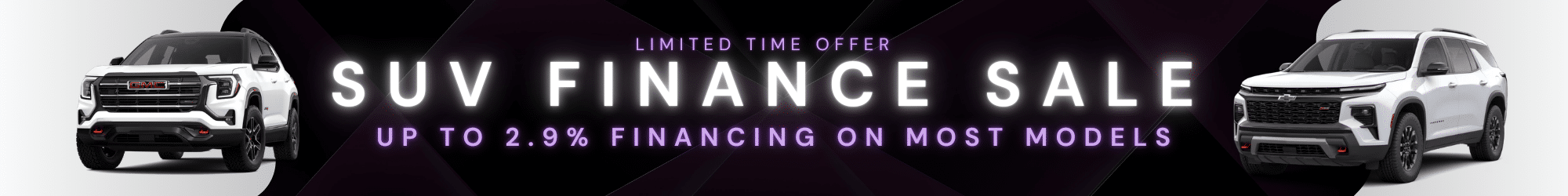SUV finance sale banner featuring two white SUVs, offering up to 2.9% financing on most models.