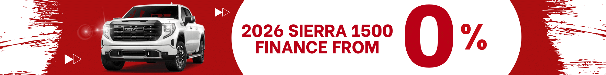 White 2026 Sierra 1500 truck with 0% financing offer on red and white background.