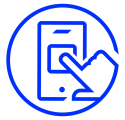 Blue outline icon of a hand tapping a smartphone screen, symbolizing mobile interaction.