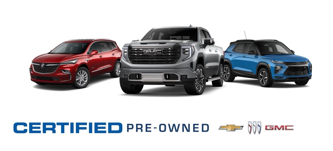 Three certified pre-owned cars: red Buick, silver GMC, and blue Chevrolet, with logos below.