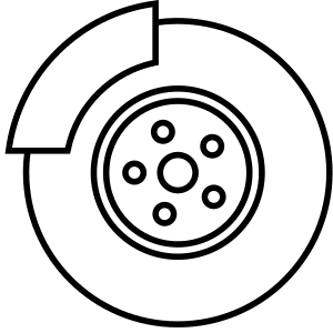 Outline of a car brake disc and caliper, symbolizing automotive parts and maintenance.