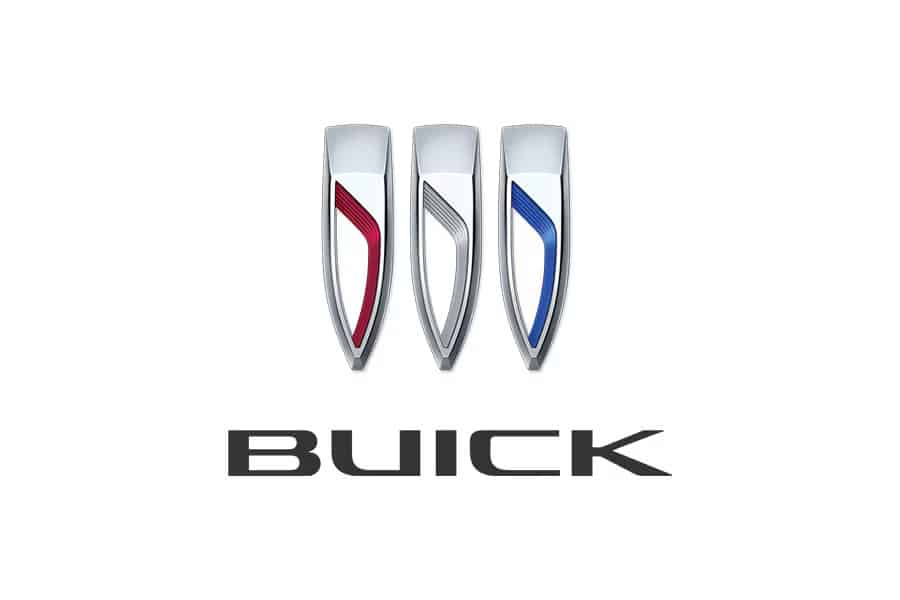 Buick logo with three shields in red, gray, and blue above the brand name in bold letters.