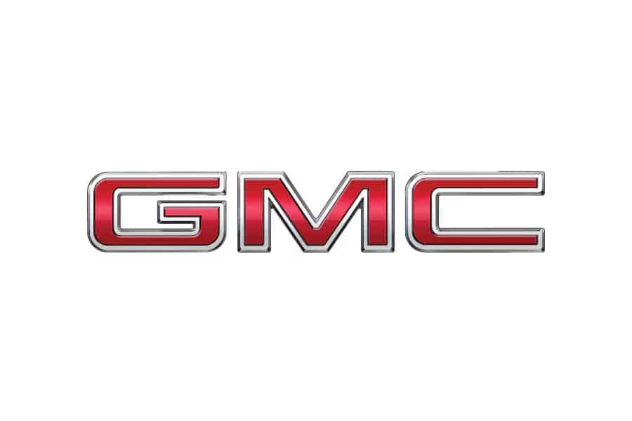 GMC logo featuring bold red letters with a silver outline on a white background.