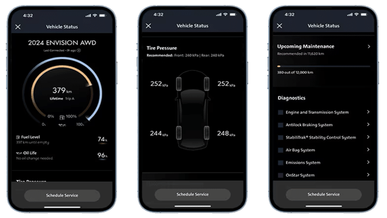Vehicle status app screens showing range, tire pressure, and maintenance diagnostics data.