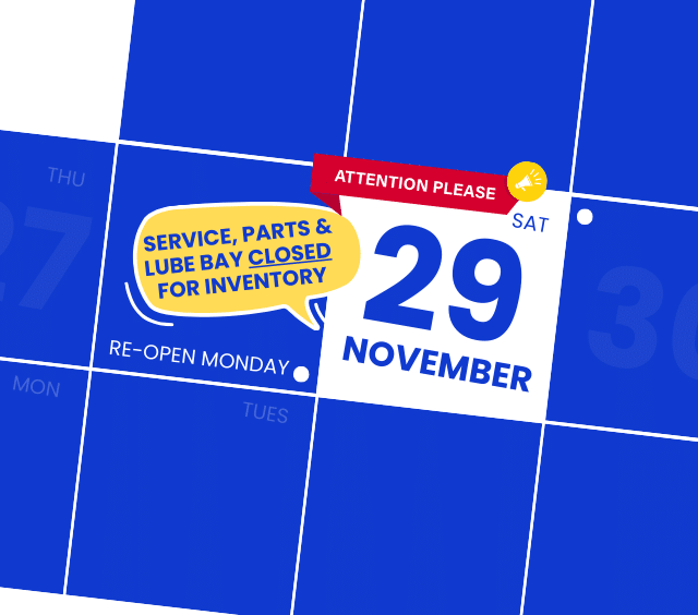Calendar notice: Service and parts closed for inventory on Saturday, November 29. Re-open Monday.