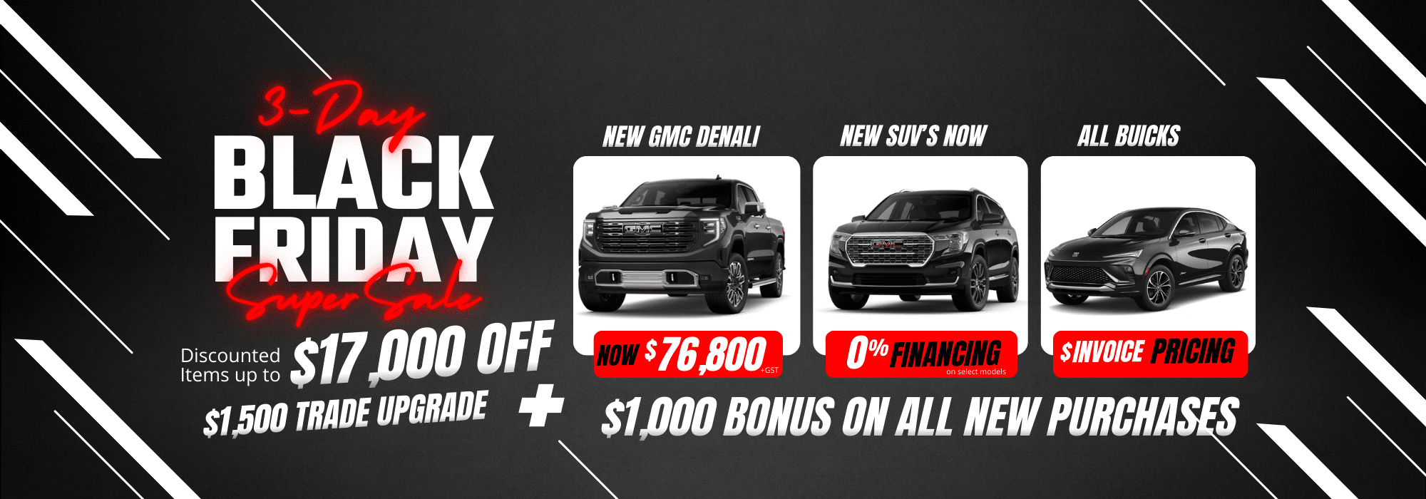 Black Friday sale banner featuring GMC vehicles with discounts, trade upgrade, and a bonus on purchases.