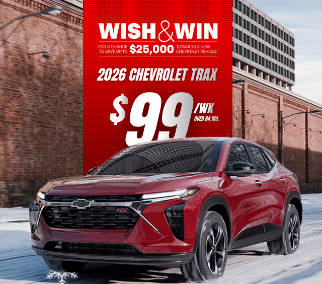 Red 2026 Chevrolet Trax SUV with a promotional banner for a $99/week lease offer over 84 months and a chance to save up to $25,000.