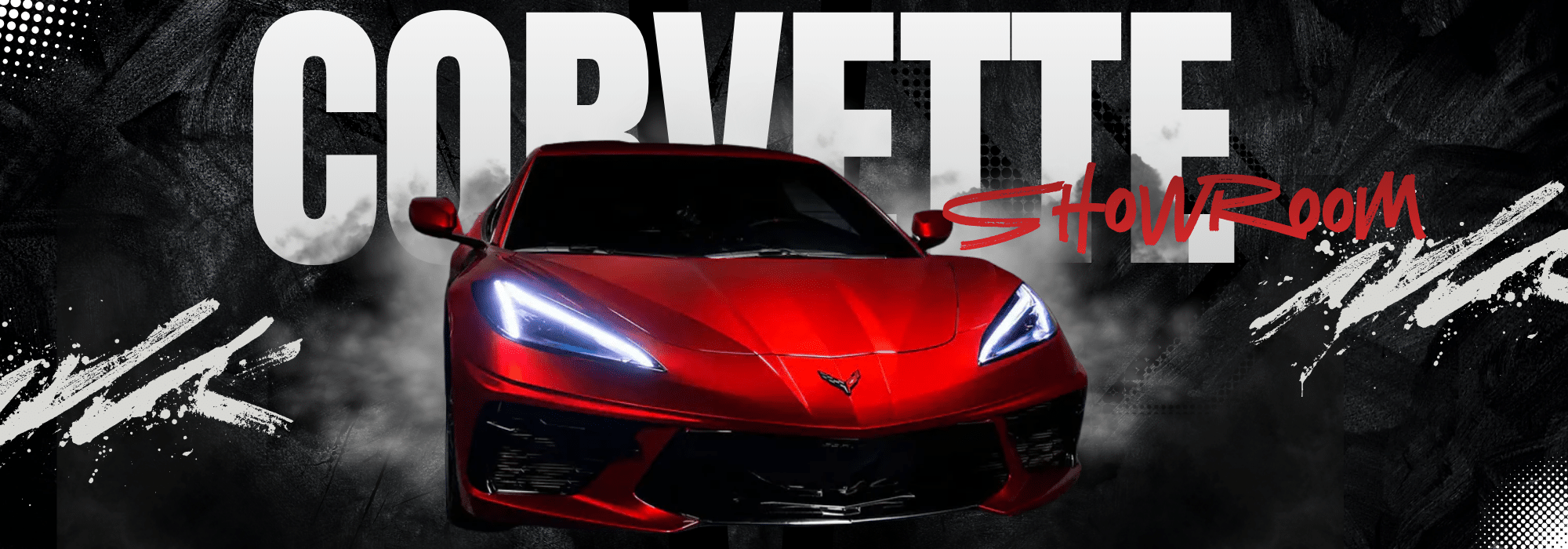 Red Corvette with headlights illuminated against bold, textured "CORVETTE Showroom" text backdrop.