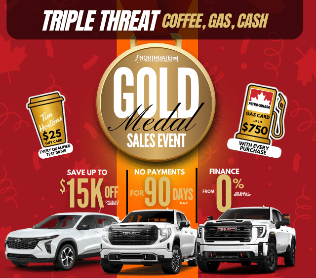 Car dealership sales event banner with offers on vehicles, gift cards, and financing deals.