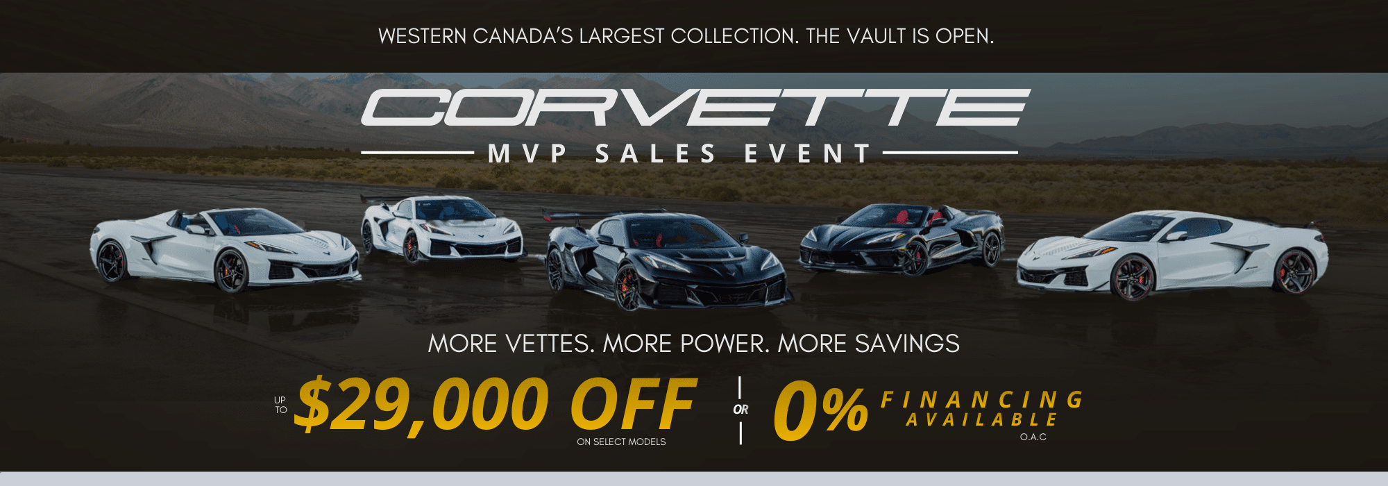 Corvette MVP Sales Event ad showcasing a lineup of Corvettes with up to $29,000 off and 0% financing options.