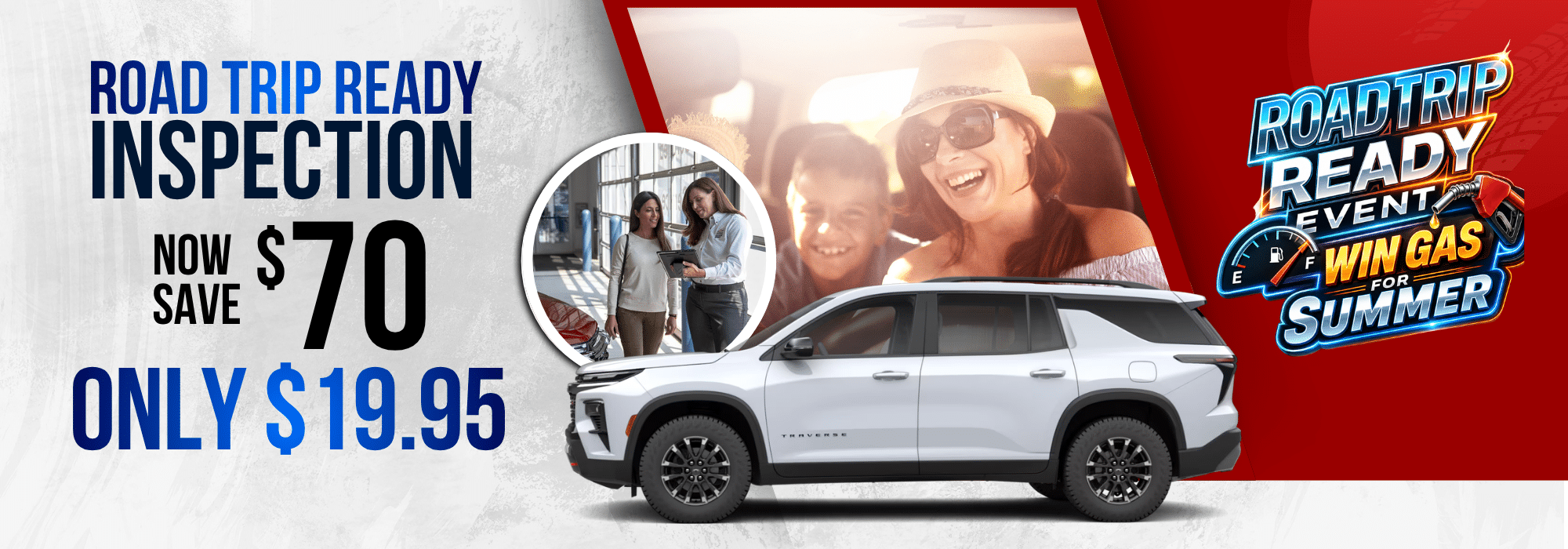 Road trip ready inspection deal with $70 savings, only $19.95. Family in car, SUV, and promotional event text.