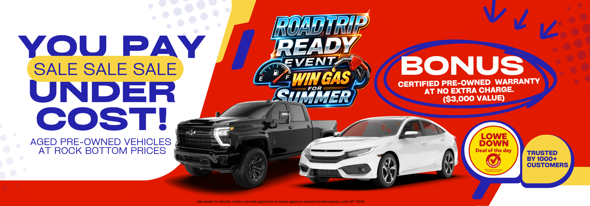 Sale banner featuring a black truck and white car. Offers pre-owned vehicles under cost with bonuses.