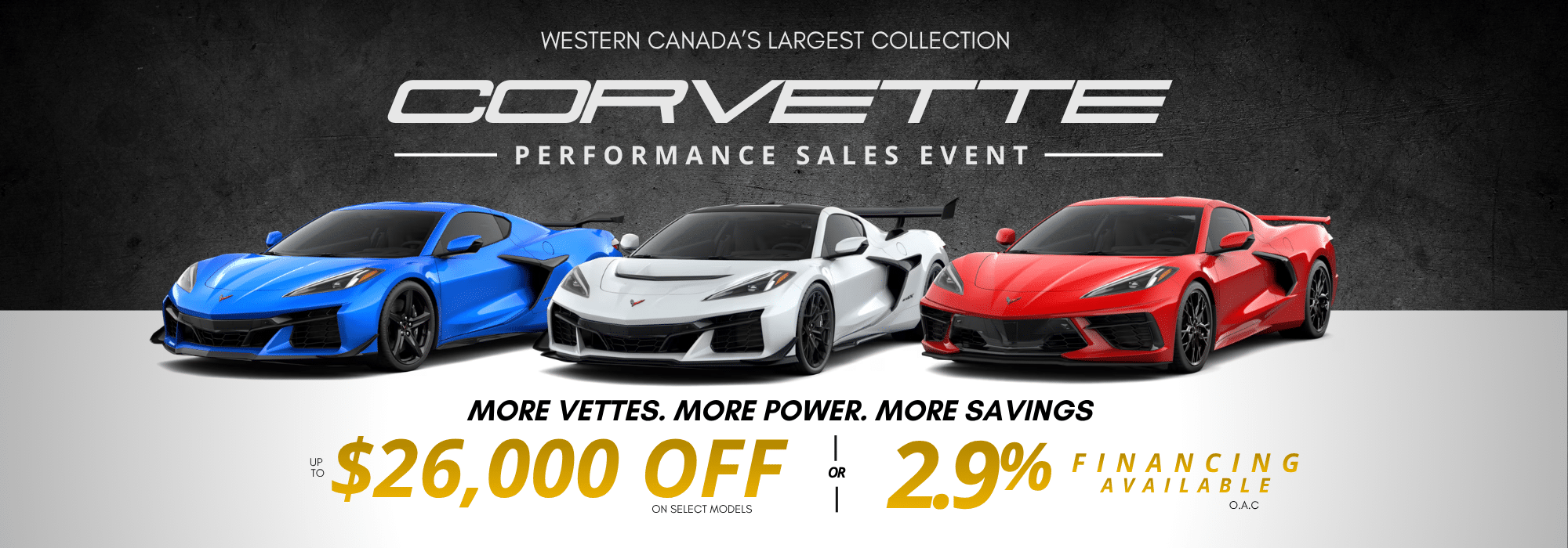 Corvette sales event ad featuring blue, white, and red Corvette cars with up to $26,000 off.