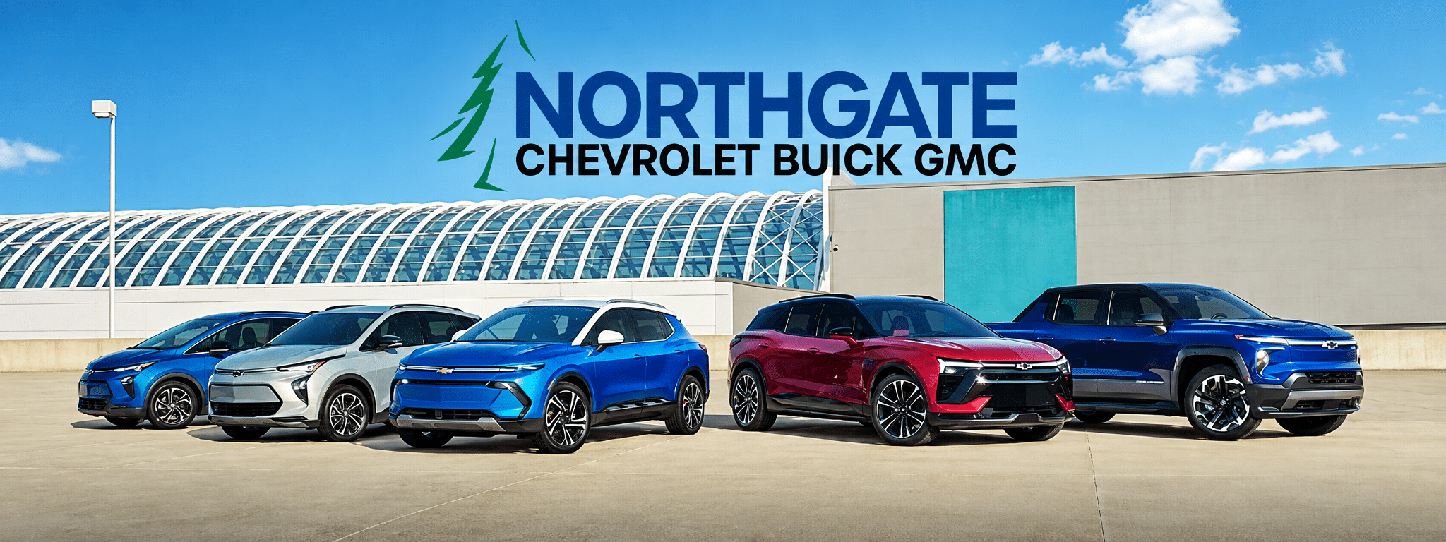 Northgate Chevrolet Buick GMC outdoor car lineup under blue sky.